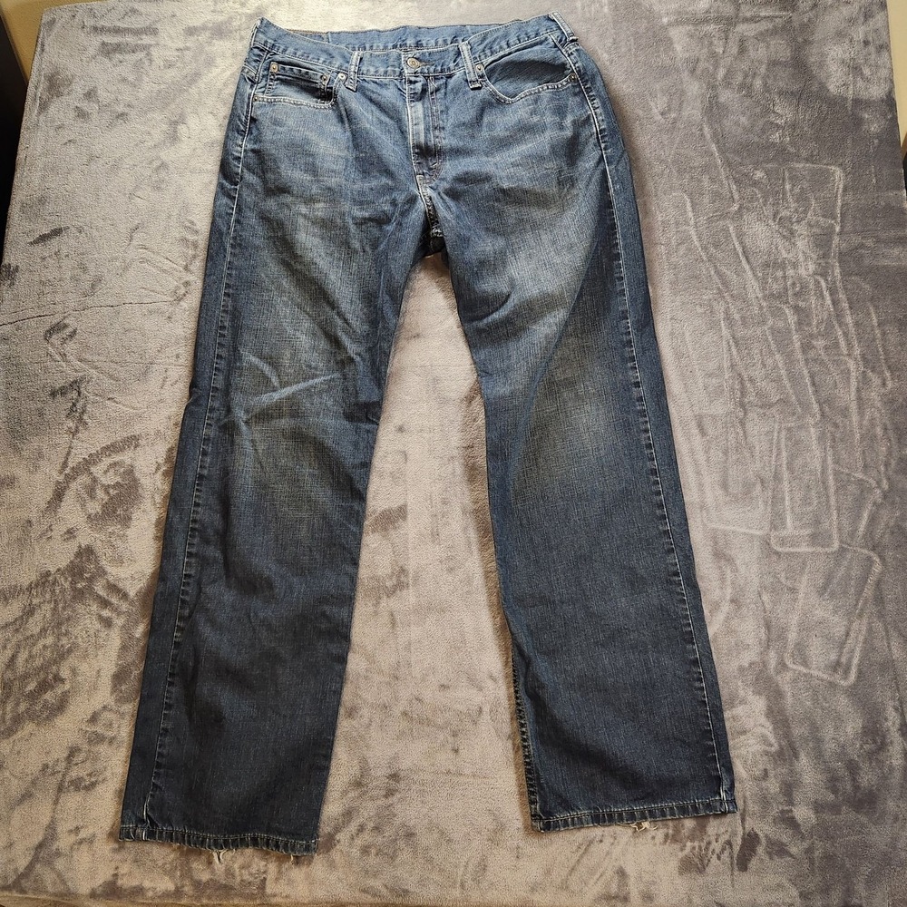 Levis 569 Jeans Mens 34x34 Blue Relaxed Straight Zip Fly Distressed Frayed Hems